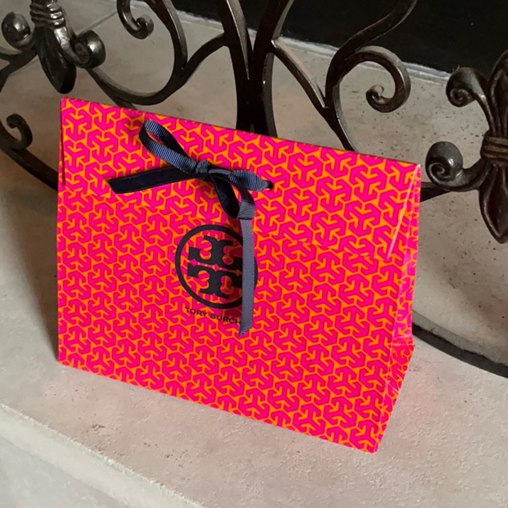 Tory Burch Small Pink Orange Paper Gift Bag Tie Bow